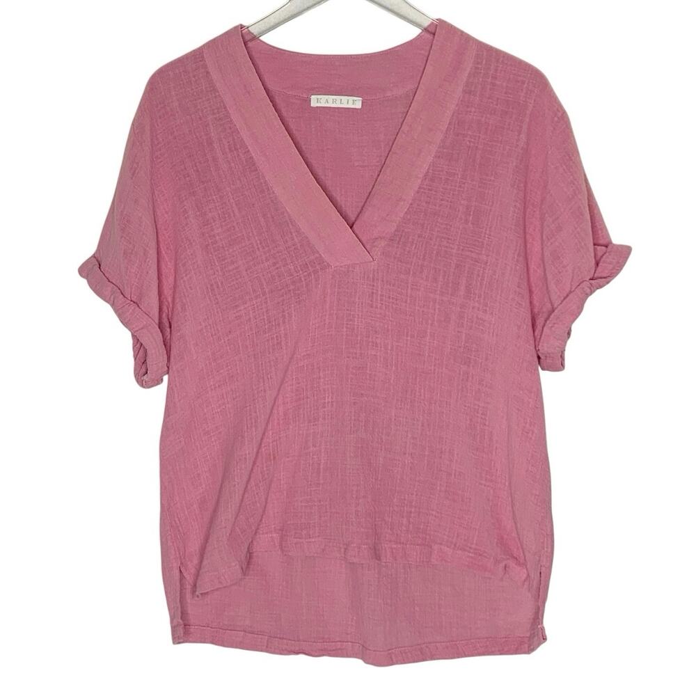 Karlie Womens Gauze Short Sleeve Popover Top M V Neck Dusty Pink Short Sleeve